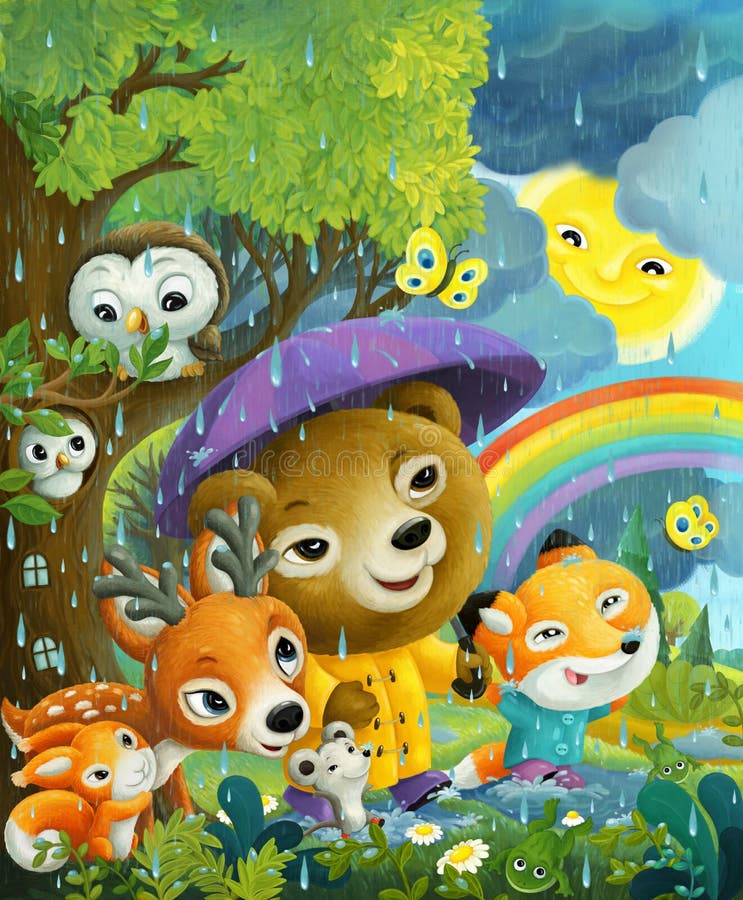 Cheerful Cartoon Scene with Animals Friends Walking in Rain in the