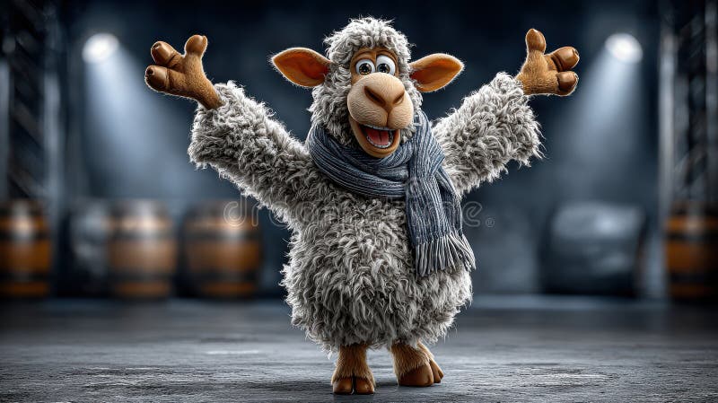 Cheerful cartoon sheep in scarf celebrating on stage with dramatic lighting stock illustration