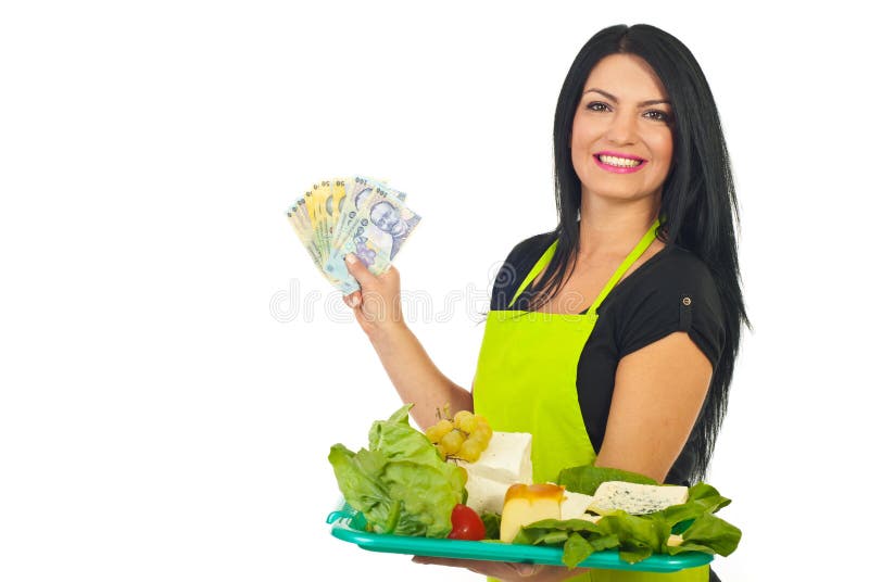 Cheerful cheese maker holding money stock photo Cheerful cheese maker holding money stock photo