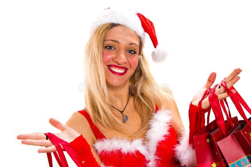 Cheerful christmas woman in santa's wear smiling royalty free stock photography Cheerful christmas woman in santa's wear smiling royalty free stock photography