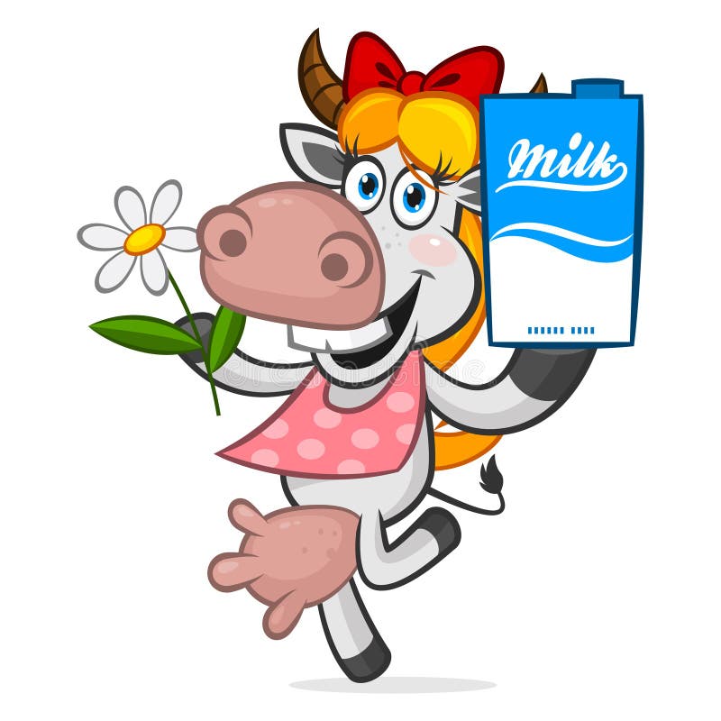 Illustration cheerful cow holding carton of milk, format EPS 8