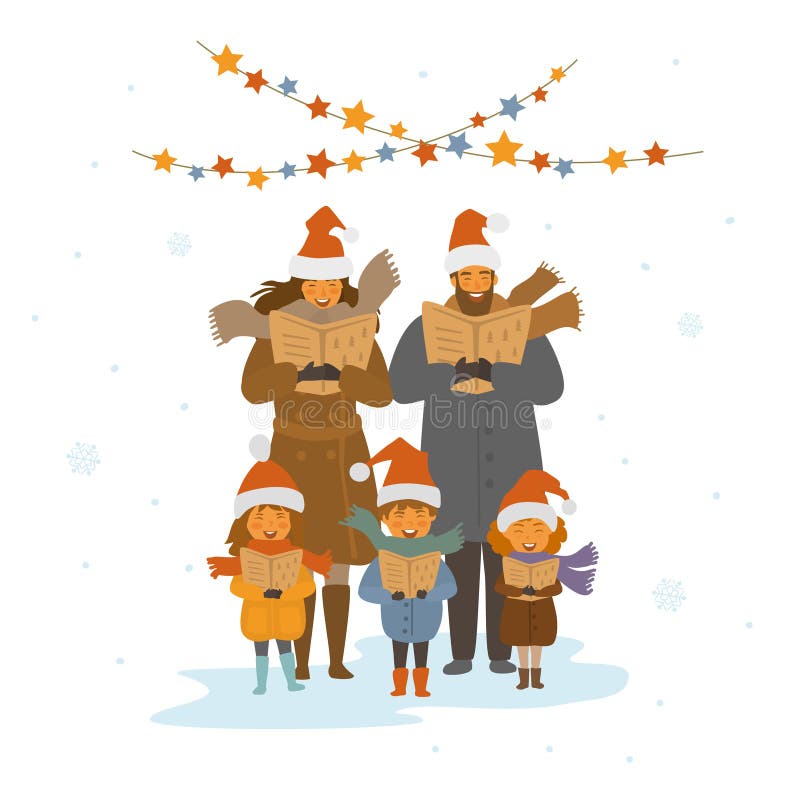 Cheerful cute family, adults and kids singing christmas songs carols, isolated vector illustration vector illustration Cheerful cute family, adults and kids singing christmas songs carols, isolated vector illustration vector illustration