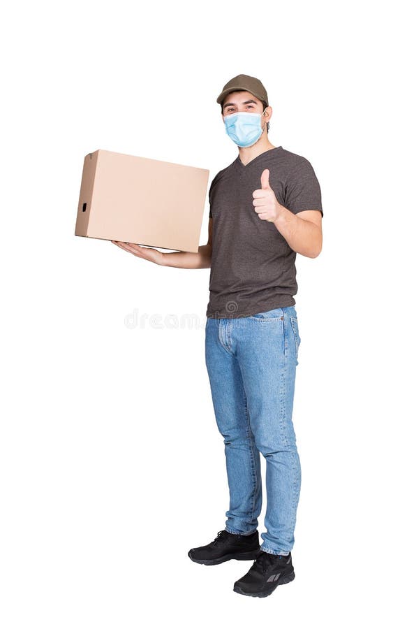 Delivery man wearing prevention mask and gloves is holding stack