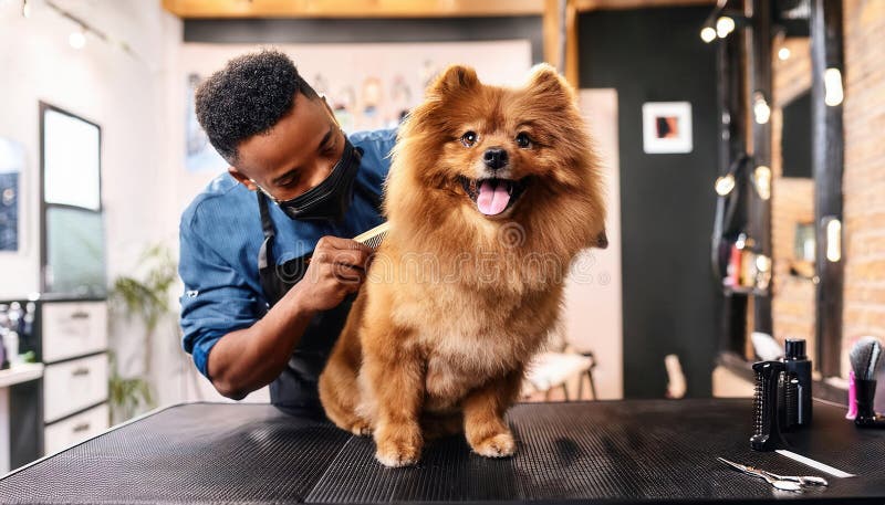A cheerful dog enjoys a pampering session while being groomed by a caring stylist in a bright salon. Pampering experience stock images, royalty-free photos and pictures