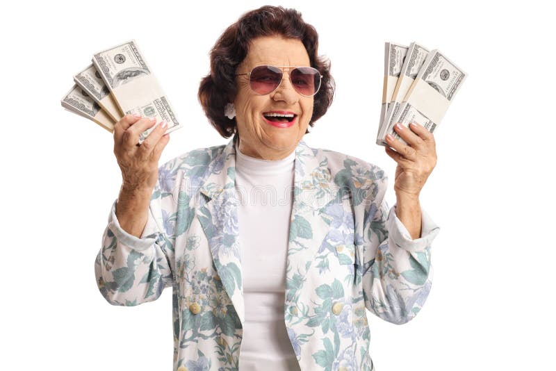 Cheerful elderly woman holding bunches of money and smiling