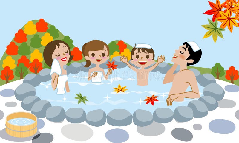 Cheerful family Enjoying Japanese Hot Spring in Au