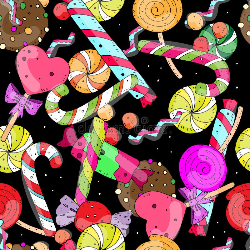 Cheerful festive vector seamless pattern with sweet color candies on a dark background. vector illustration Cheerful festive vector seamless pattern with sweet color candies on a dark background. vector illustration