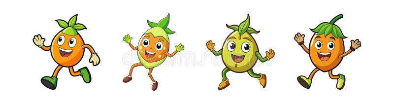 Cheerful fruit cartoon characters running and waving hello royalty free illustration