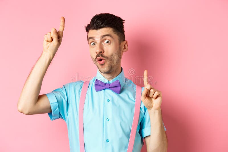 Cheerful Funny Man Dancing In Bow Tie And Suspenders Pointing Fingers 