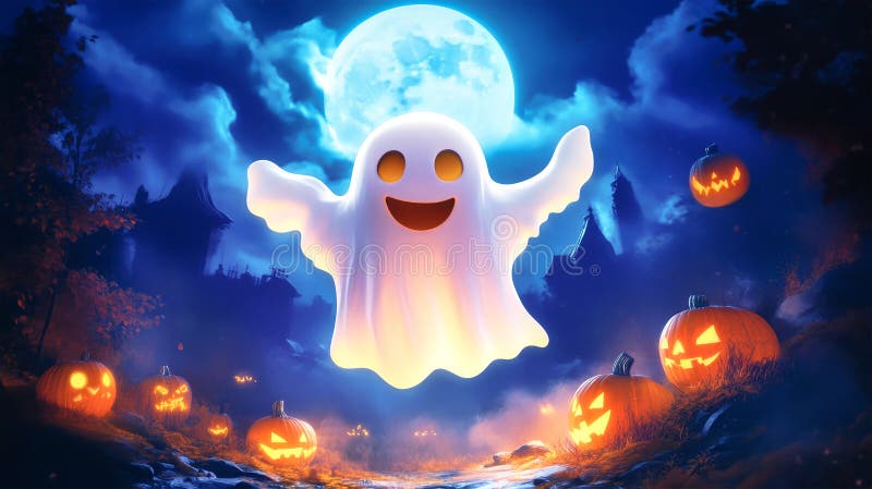 A cheerful ghost hovers in the night sky, surrounded by glowing pumpkins and the enchanting light of a full moon, creating a royalty free illustration