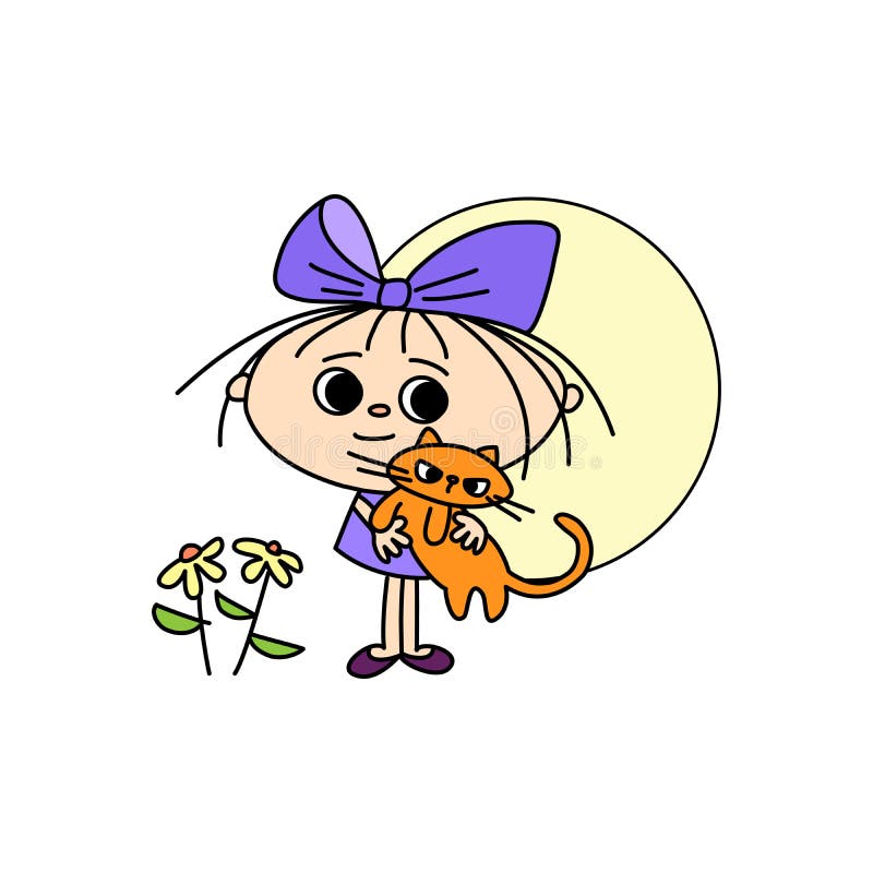 Cheerful girl with a cat and flowers, hand-drawn cartoon