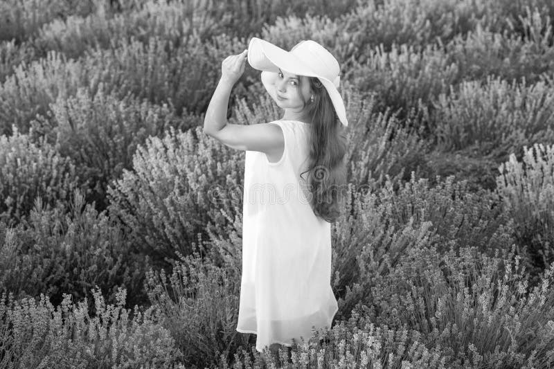 Cheerful girl at lavender flowers in garden. Young girl in white dress walking through lavender flowers. lovely girl royalty free stock image