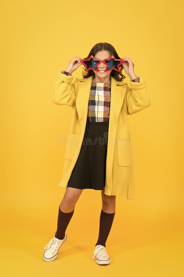 cheerful girl wear eyeglasses fun cool kid star shaped sunglasses concept fame popularity popular schoolgirl carnival 201356319