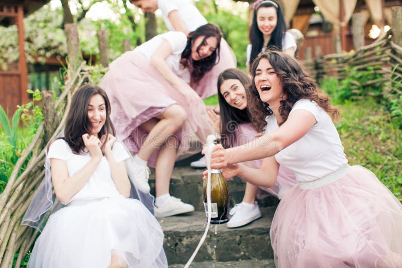 Moment of champagne bottle opening while hen party royalty free stock photos Moment of champagne bottle opening while hen party royalty free stock photos