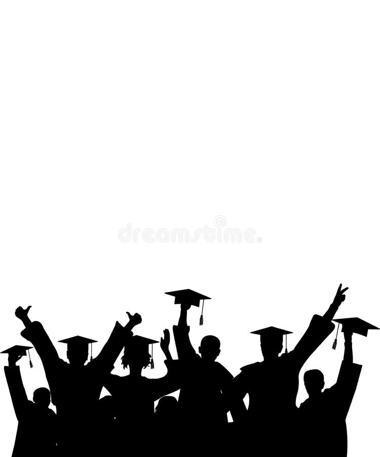 Cheerful graduate students with academic caps, silhouette. Graduation at university or college or school. stock illustration Cheerful graduate students with academic caps, silhouette. Graduation at university or college or school. stock illustration