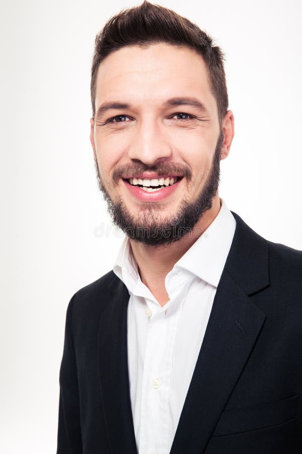 Cheerful happy young businessman in black suit and white shirt stock photography Cheerful happy young businessman in black suit and white shirt stock photography