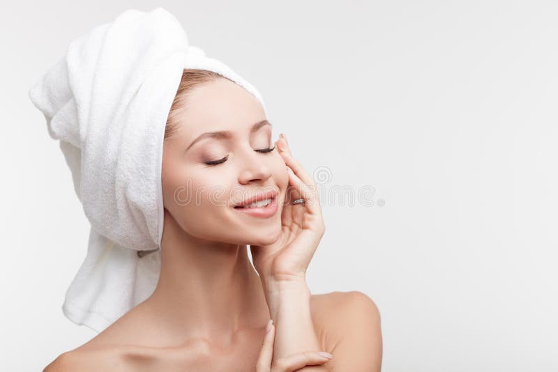 Cheerful healthy woman is resting after shower royalty free stock images Cheerful healthy woman is resting after shower royalty free stock images