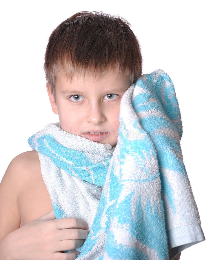 Cheerful kid in bath towel