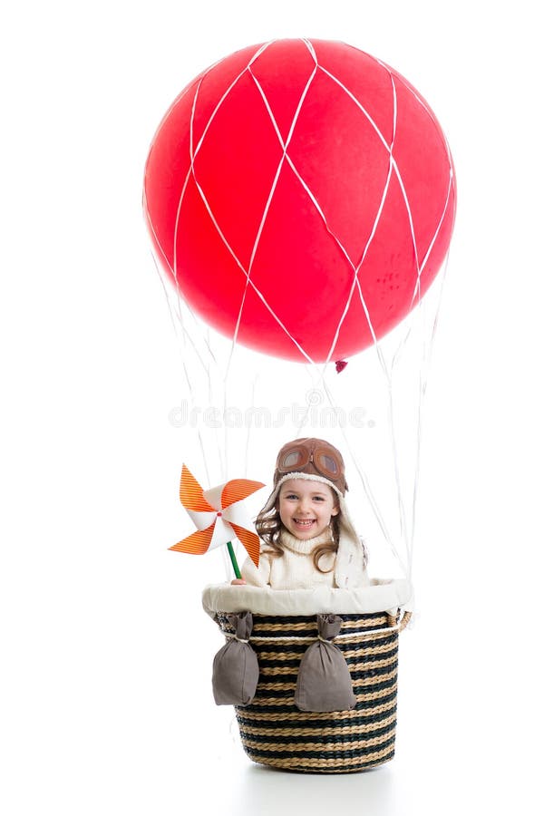 Cheerful kid on hot air balloon