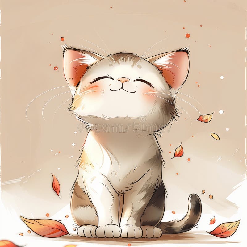 A cheerful kitten surrounded by falling autumn leaves on a soft beige background stock image