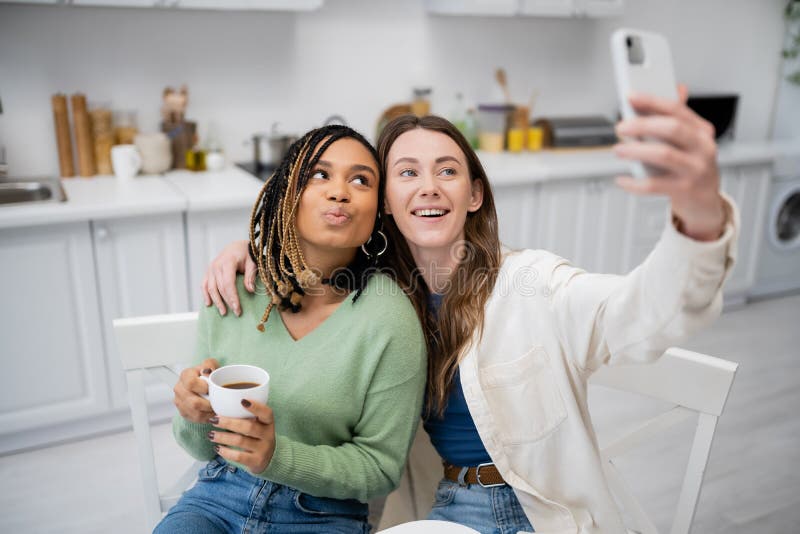 Lesbian African American Woman Taking Selfie Stock Image Image Of Interracial Joyful 264014805