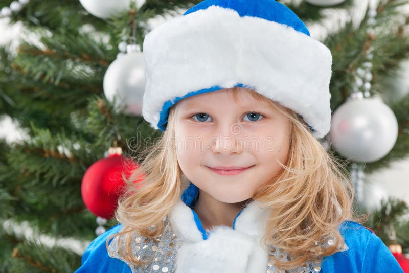 Cheerful Little Girl at the Christmas Tree Stock Photo Image of
