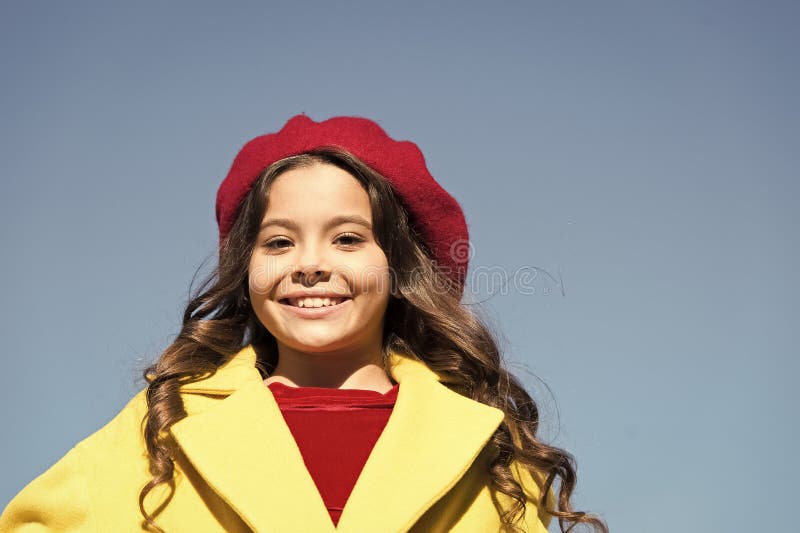 Cheerful little lady. small girl outdoor. french style fashion. true parisian. kid fashion. girl child after hairdresser royalty free stock images