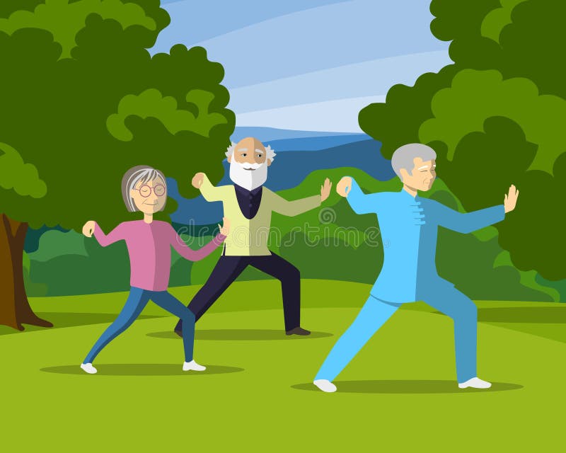 Cheerful mature people practicing Tai Chi in park.