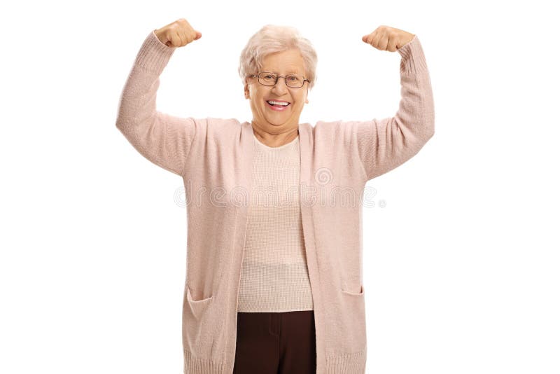 Cheerful mature woman flexing her muscles isolated on white background