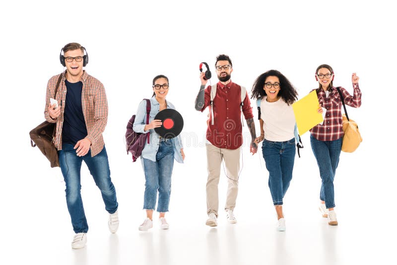 cheerful multicultural group of young people with vinyl records and headhphones isolated stock photography cheerful multicultural group of young people with vinyl records and headhphones isolated stock photography