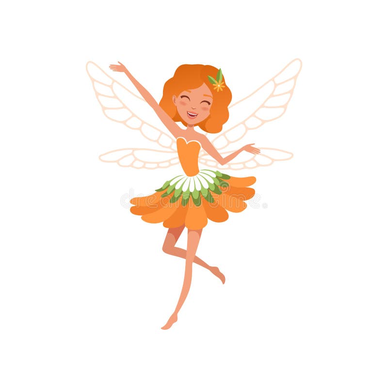 Cheerful red-haired fairy with little magic wings. Cartoon girl wearing beautiful orange flower shaped dress. Fairy-tale