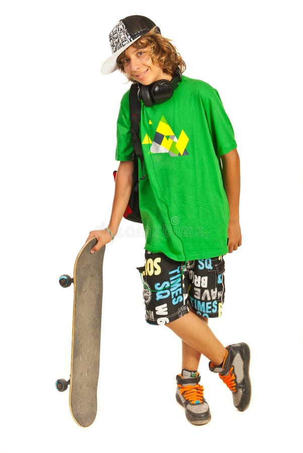 Cheerful Schoolboy Teen With Skateboard Stock Pho