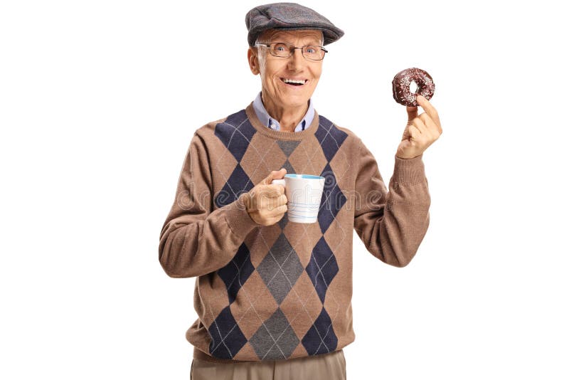 Cheerful senior man holding a chocolate donut and a cup of coffee