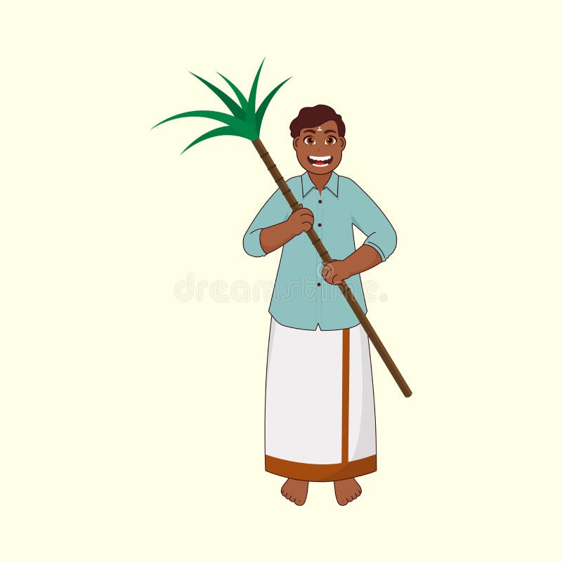 Cheerful South Indian Man Holding Sugarcane on Pastel Yellow Stock