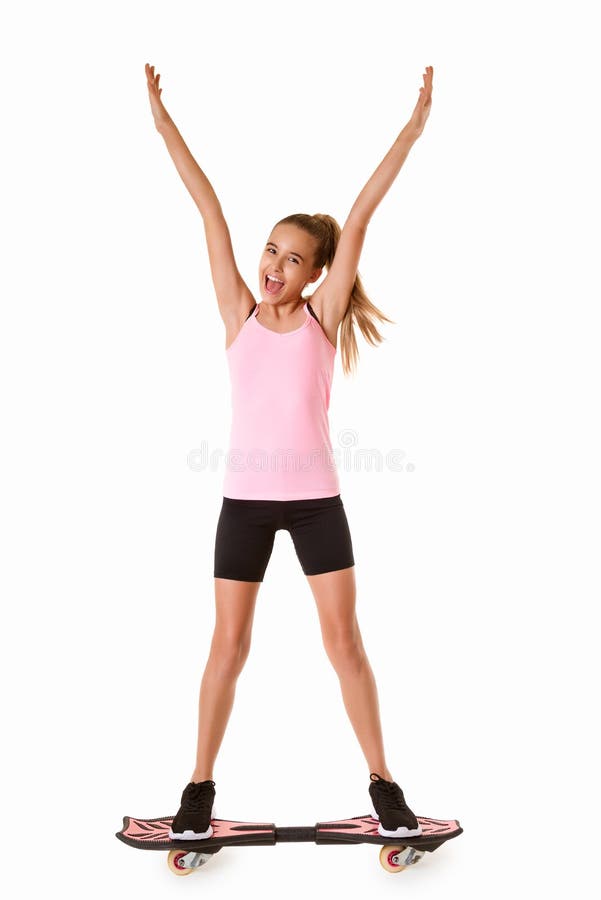 Paar Elektricien Industrieel Cheerful Sporty Teen Girl Standing on Waveboard with Hands Up,isolated  Stock Image - Image of sporty, fitness: 100435033