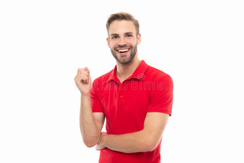 Cheerful Stubble Man Wearing Red Shirt. Studio Shot of Man with Stubble