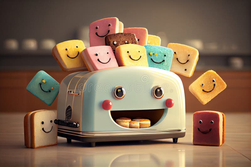 Cheerful Toaster Surrounded by Sandwiches. AI Generated Stock