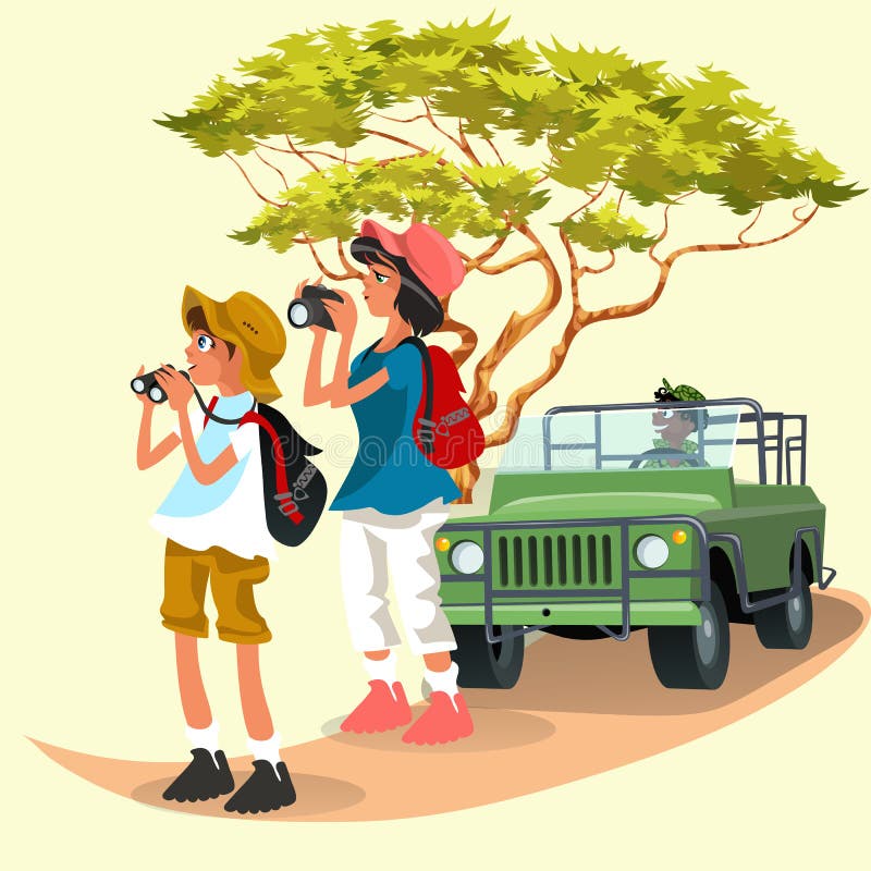 Cheerful tourists taking pictures and watching in binoculars royalty free illustration Cheerful tourists taking pictures and watching in binoculars royalty free illustration