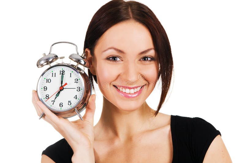 Cheerful Woman with Alarm Clock Stock Photo Image of clock, face
