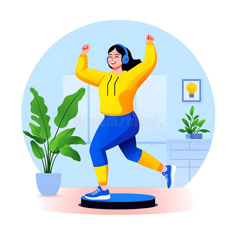 Cheerful woman in yellow hoodie and blue leggings exercises joyfully on fitness platform, surrounded by indoor plants vector illustration