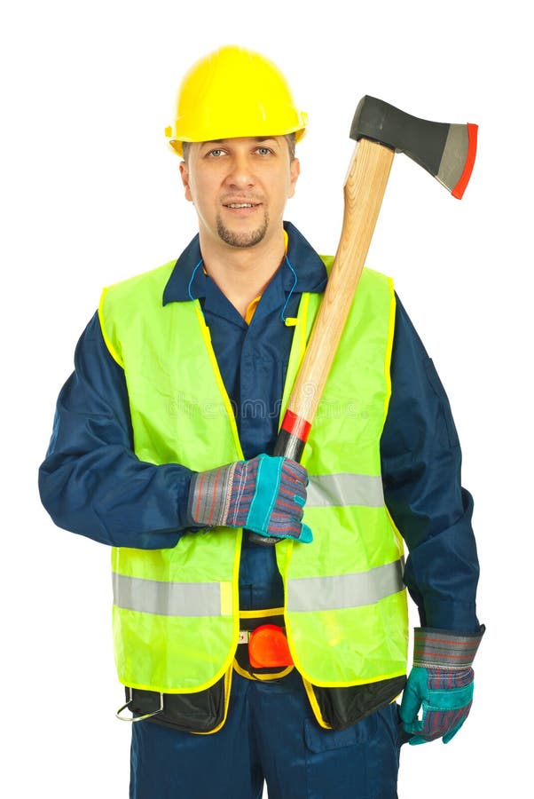 Cheerful Workman Holding Axe Stock Photo Image of helmet, industry
