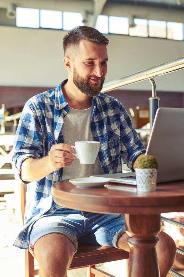 Cheerful Young Adult Man Drinking Coffee Stock Image Image of summer