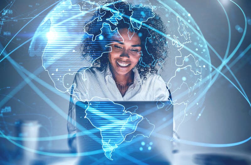 Smiling African woman with laptop, network