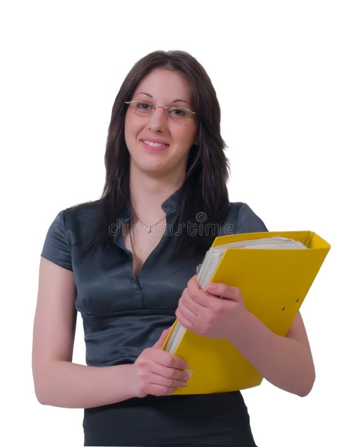 Cheerful young business lady with a folder