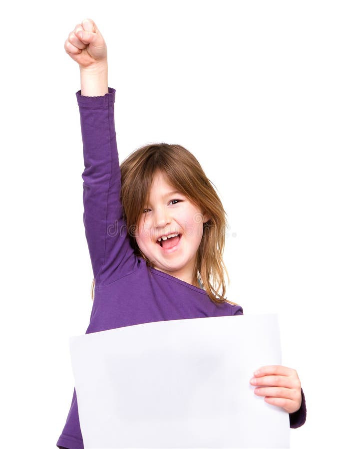 Cheerful young girl holding blank sign with one arm raised