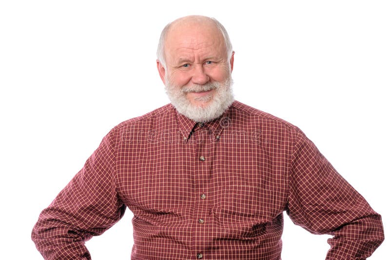 Cheerful and calm handsome bald and bearded senior man with arms akimbo, isolated on white background. Cheerful and calm handsome bald and bearded senior man with arms akimbo, isolated on white background