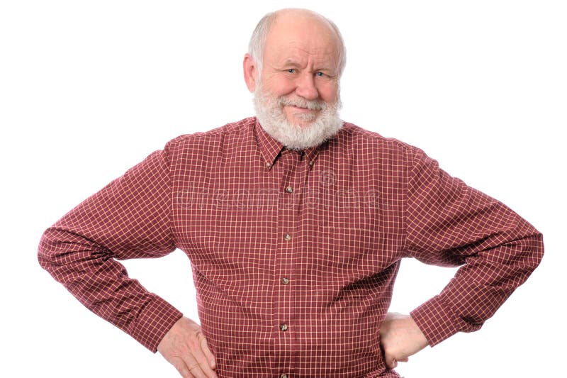 Cheerful and calm handsome bald and bearded senior man with arms akimbo, isolated on white background. Cheerful and calm handsome bald and bearded senior man with arms akimbo, isolated on white background