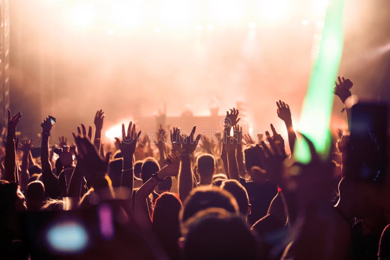 Folla festante con le mani in aria godendo, al festival di musica.