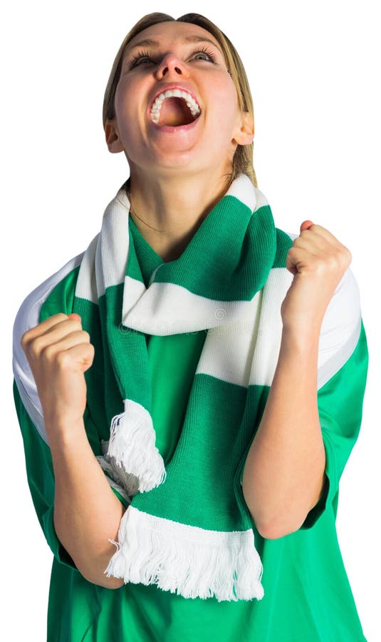 Cheering football fan in green jersey on white background