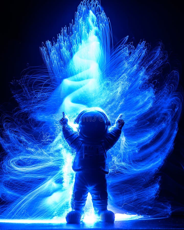 Cheering spaceman with helmet exploding with light royalty free stock photo
